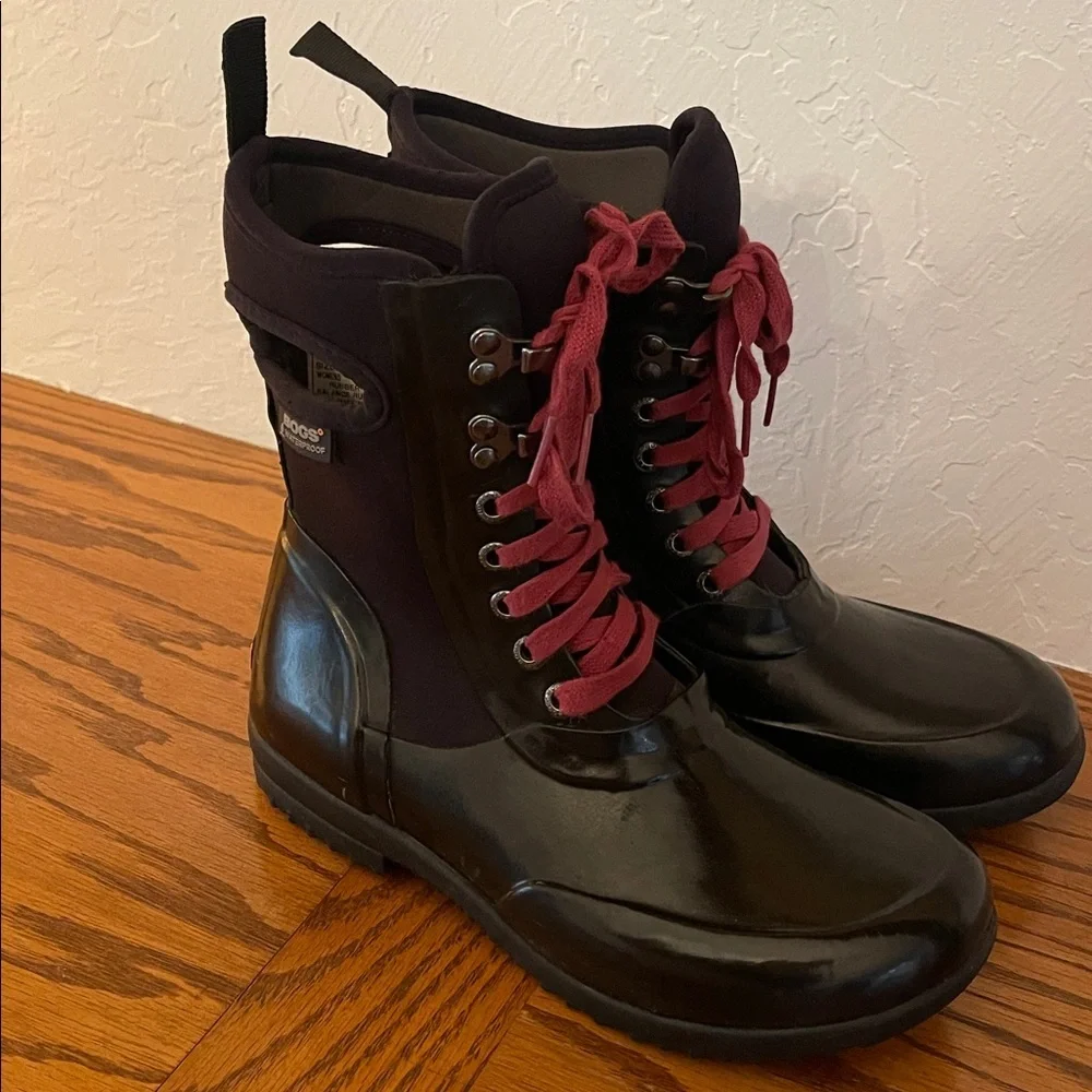 Bogs Boots Women's Size 6 Sidney Solid Neo Tech Black Lace Up Rubber Combat Rain
